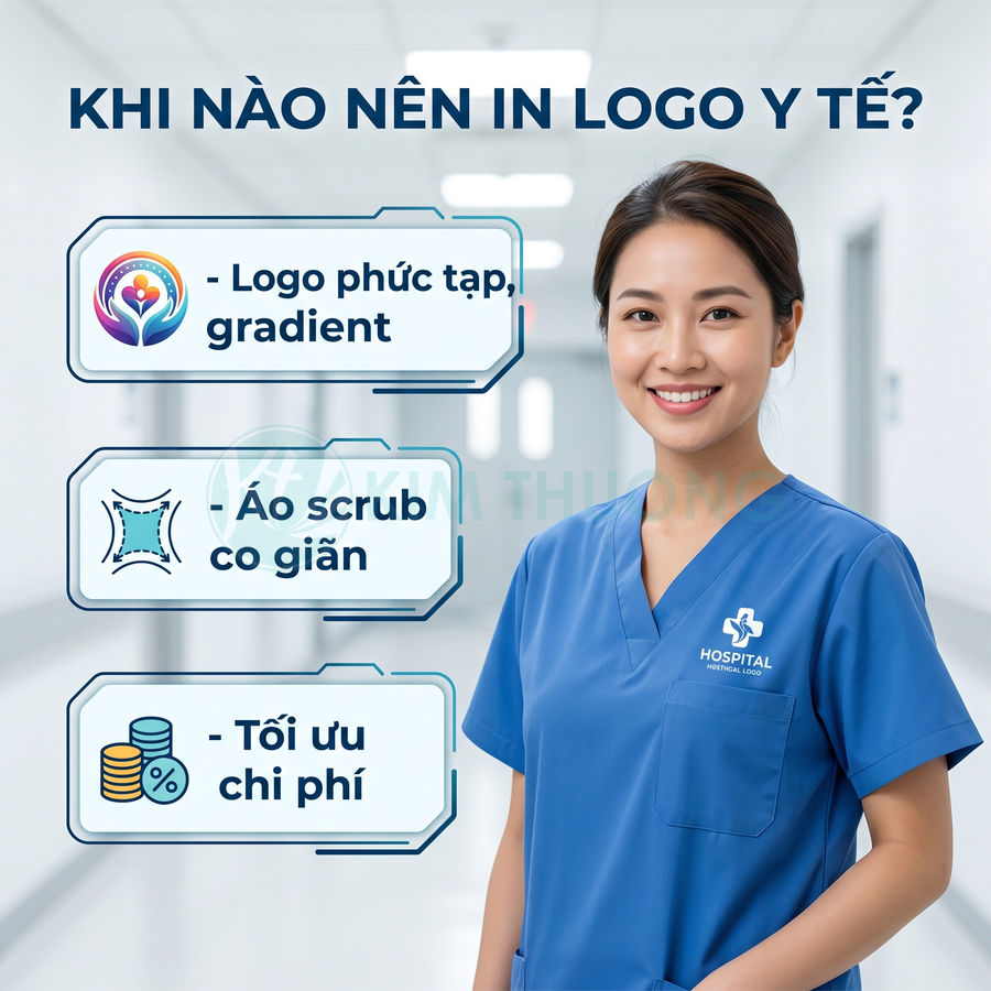 Nữ y tá mặc áo scrub y tế xanh in logo bệnh viện, minh họa lợi ích in logo lên đồng phục