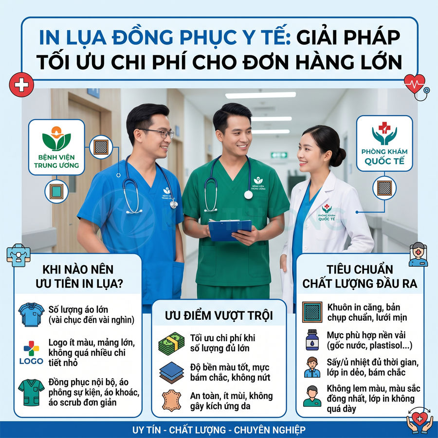 Ba nhân viên y tế mặc đồng phục bệnh viện in logo, đứng trò chuyện trong hành lang bệnh viện