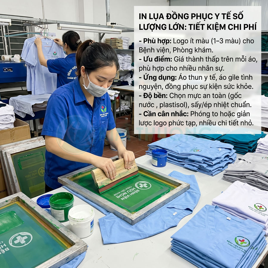 Nhân viên xưởng in lụa logo bệnh viện lên áo đồng phục y tế màu xanh số lượng lớn