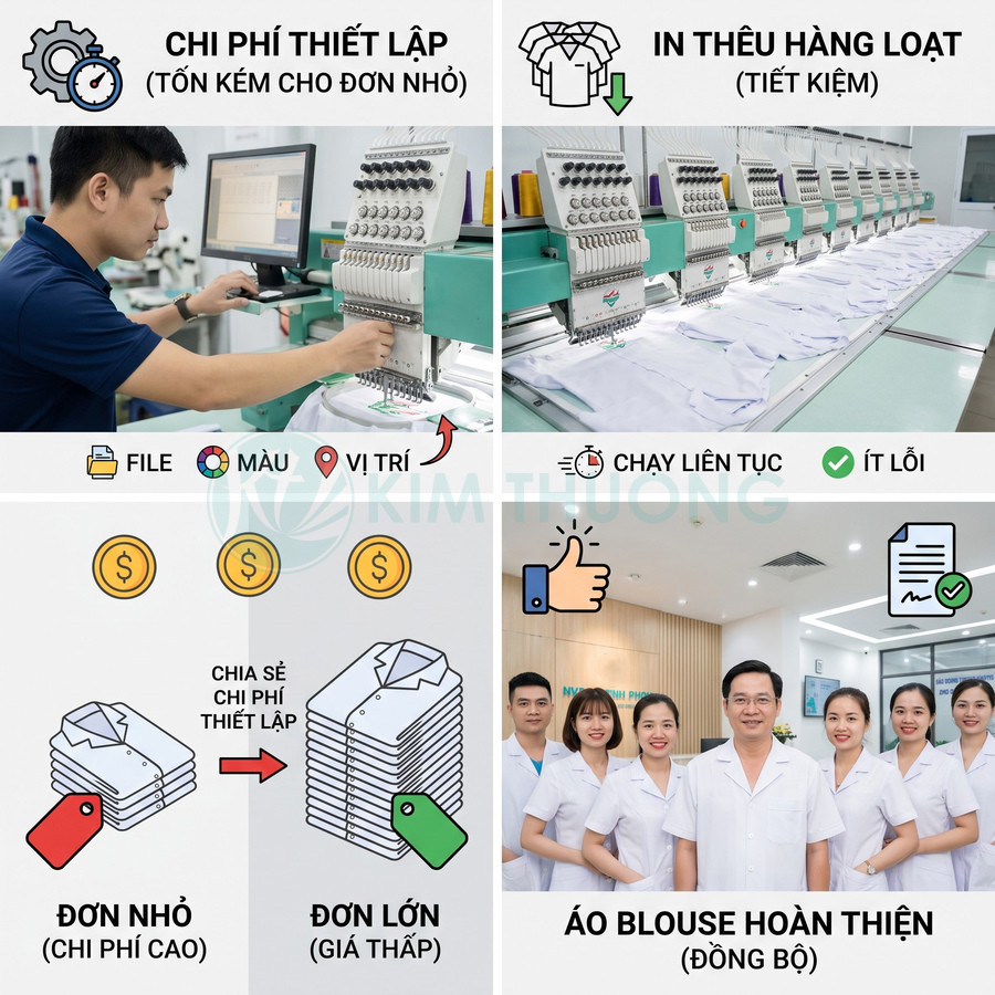Máy thêu công nghiệp sản xuất áo blouse hàng loạt, giúp giảm chi phí đơn lớn và tạo đồng phục y tế đồng bộ