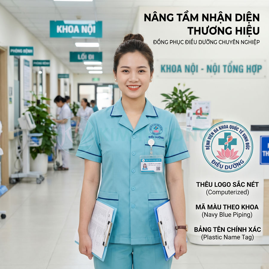 Đồng phục y tá bệnh viện màu xanh dương in thêu logo khoa điều dưỡng và bảng tên nhựa đeo trước ngực