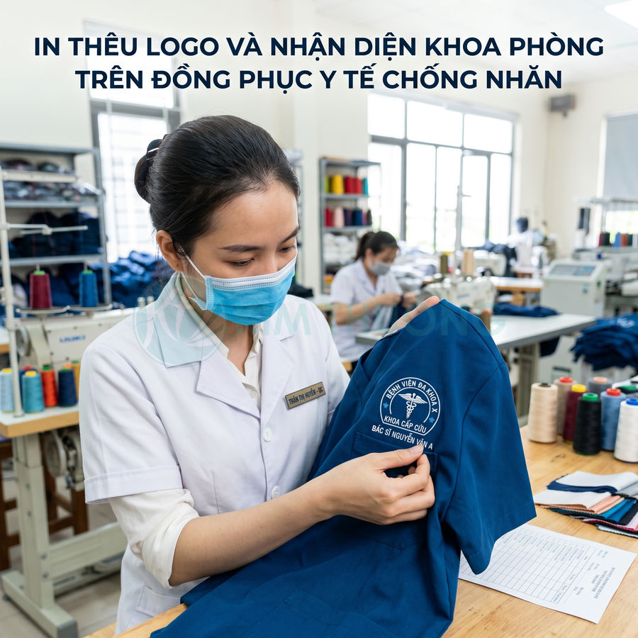 Nhân viên xưởng may kiểm tra logo thêu trên đồng phục y tế màu xanh chống nhăn