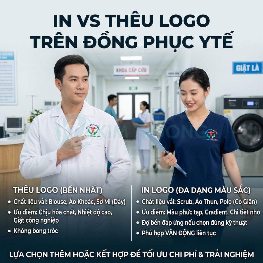 Bác sĩ và y tá mặc đồng phục y tế có in thêu logo bệnh viện nổi bật trong hành lang bệnh viện