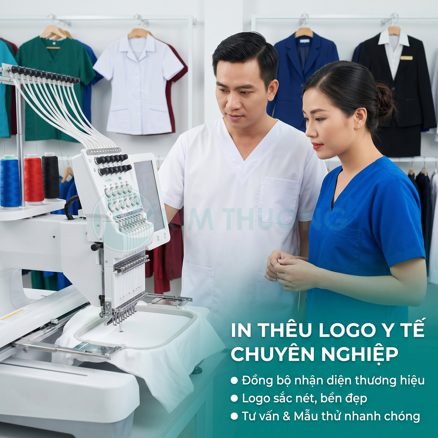 Nhân viên y tế đứng cạnh máy thêu vi tính in thêu logo lên đồng phục y tế chuyên nghiệp