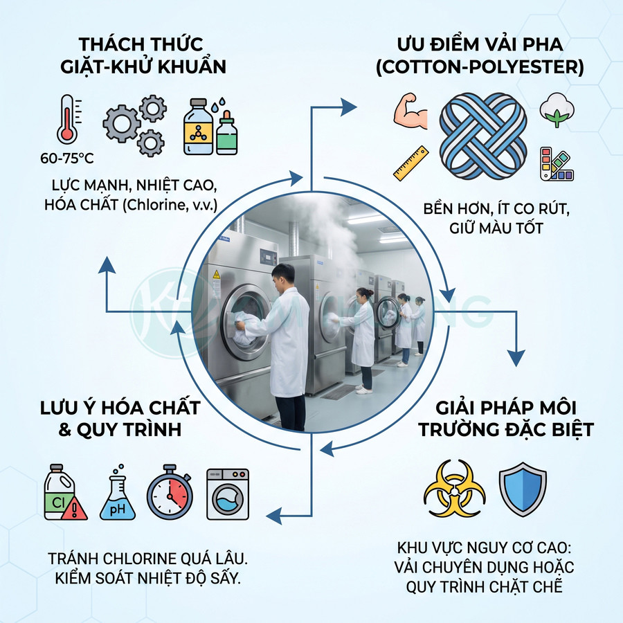 Vải pha cotton polyester bền, ít co rút và giữ màu tốt, cần giặt khử khuẩn đúng nhiệt độ và hóa chất、】【