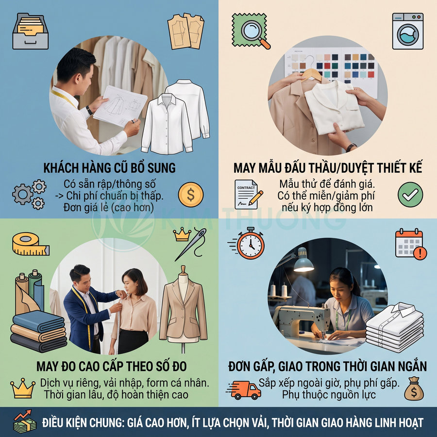 Các hình thức may áo sơ mi và vest gồm may mẫu, may đo cao cấp và đặt may gấp giao nhanh.