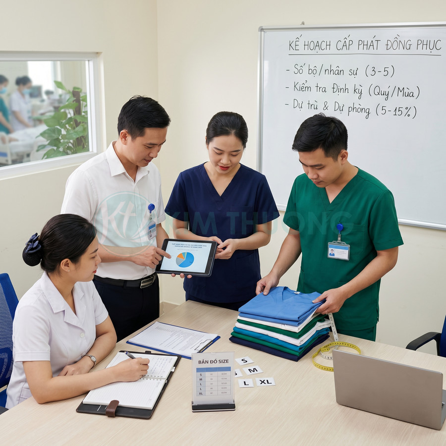 Nhân viên y tế họp bàn chọn size và màu áo đồng phục bệnh viện trên bàn làm việc