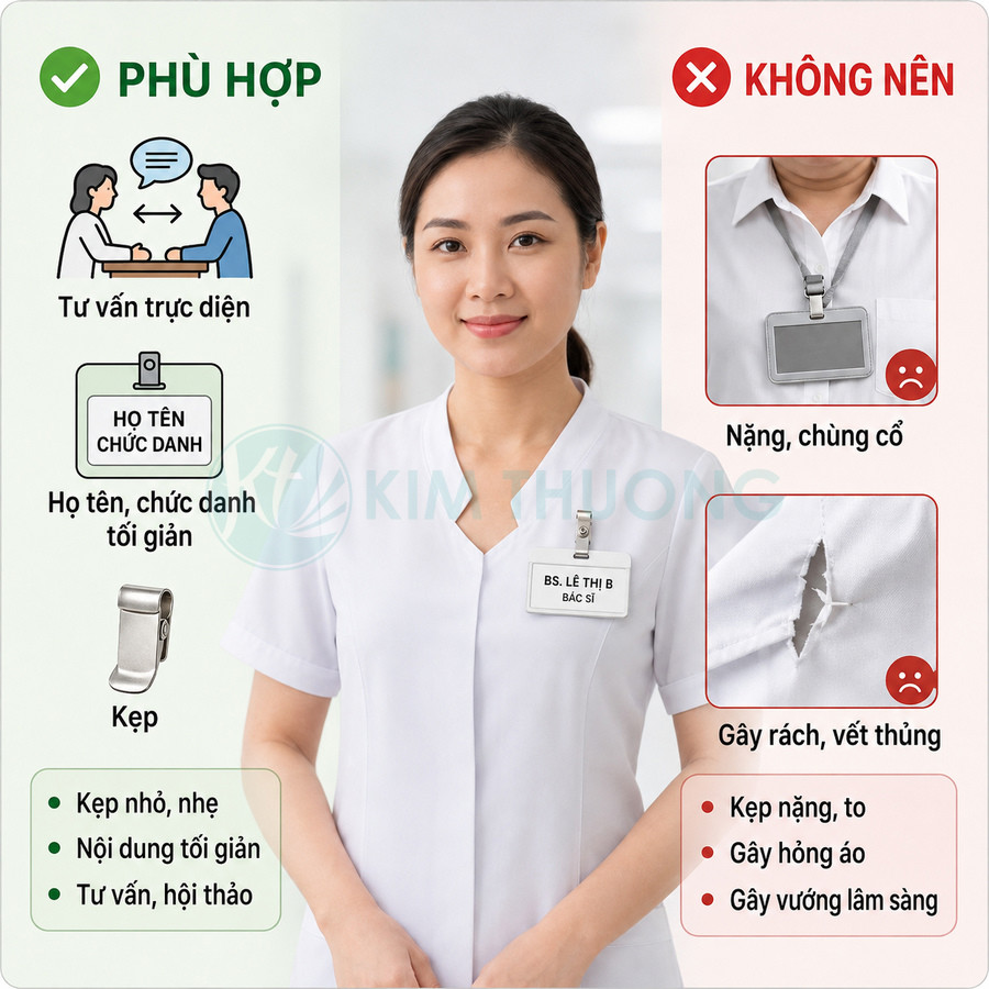 Bác sĩ nữ đeo bảng tên kẹp nhỏ gọn trên áo blouse trắng, minh họa cách chọn bảng tên nhẹ, không làm rách áo