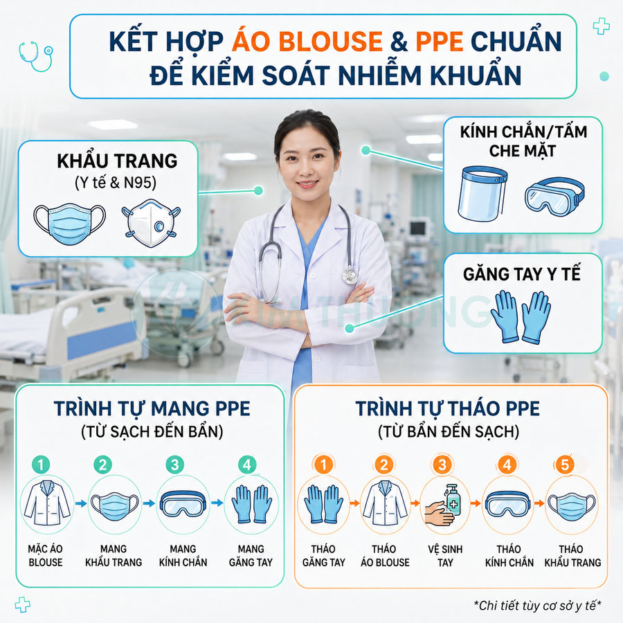 Bác sĩ mặc áo blouse và PPE gồm khẩu trang, kính chắn, găng tay y tế trong phòng bệnh viện
