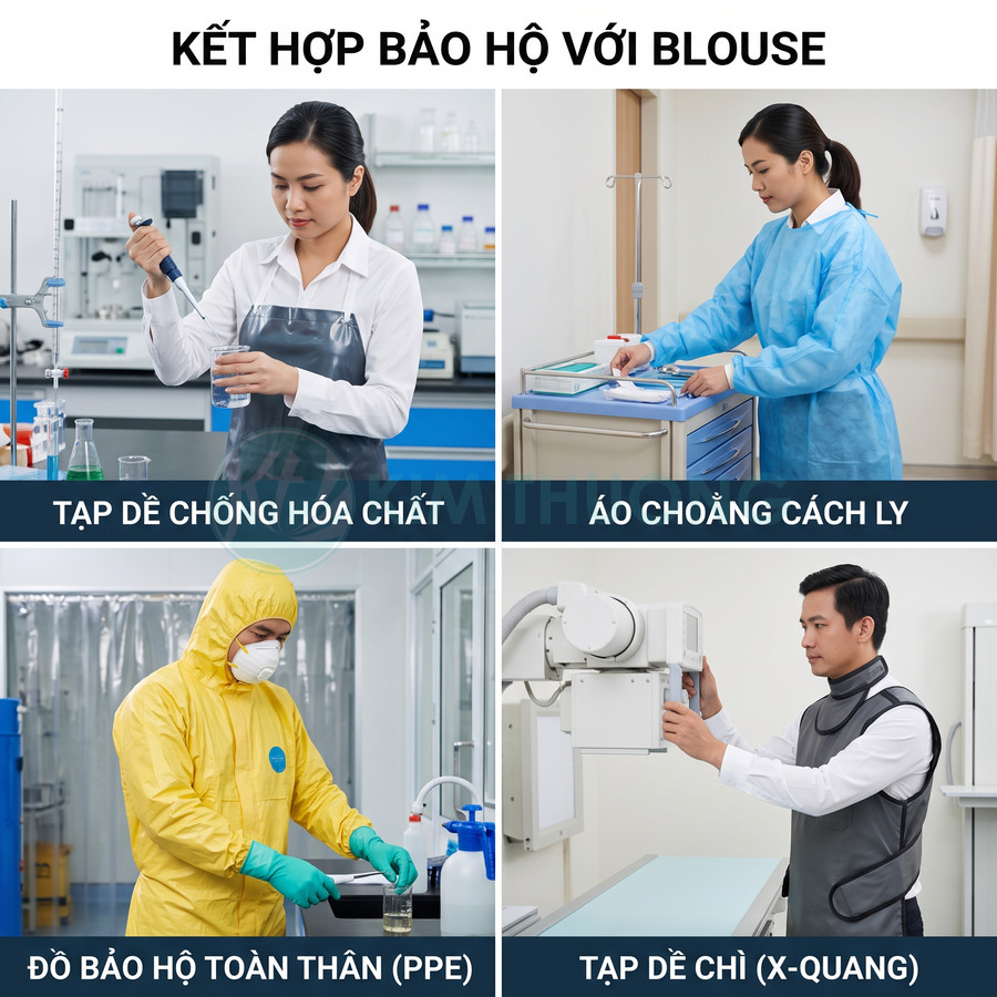 Các loại đồ bảo hộ y tế kết hợp với áo blouse gồm tạp dề chống hóa chất, áo choàng cách ly, đồ PPE và tạp dề chì X quang