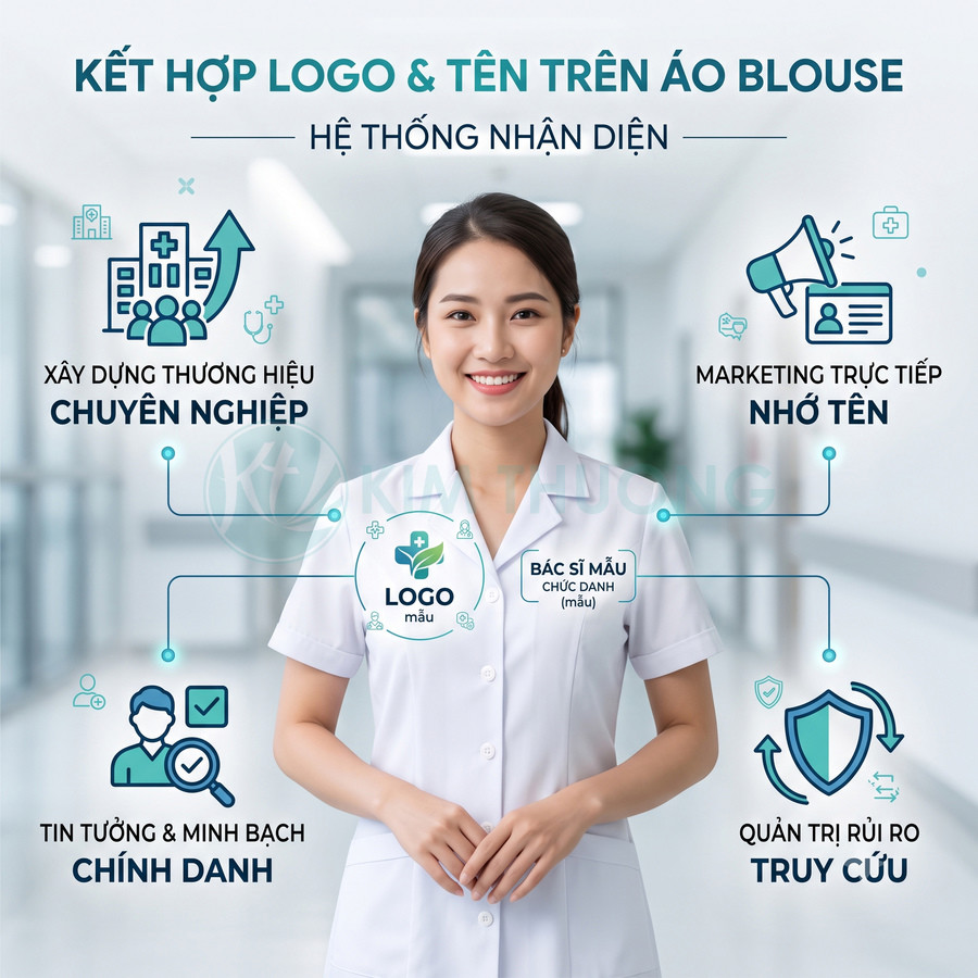 Nữ bác sĩ mặc áo blouse trắng in logo và tên trên ngực, giới thiệu giải pháp nhận diện thương hiệu phòng khám