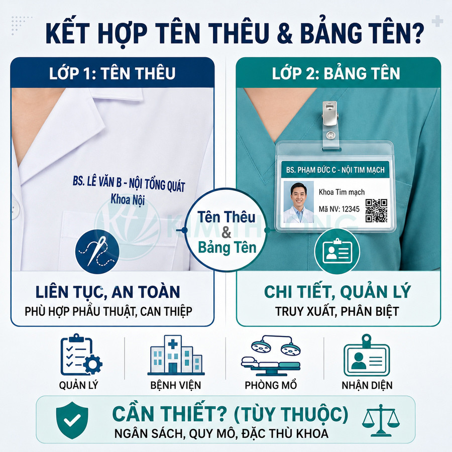 Mẫu tên thêu trên áo blouse và bảng tên thẻ nhựa cho bác sĩ trong bệnh viện