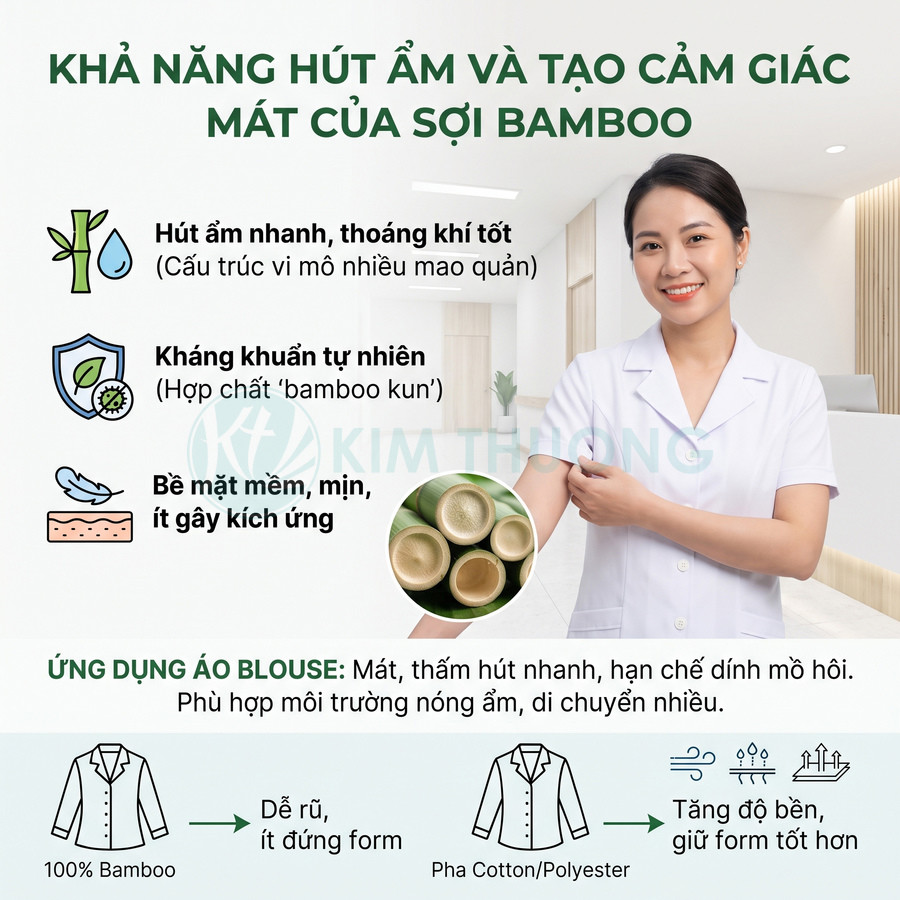 Áo blouse vải bamboo hút ẩm nhanh, thoáng khí, mềm mịn và kháng khuẩn tự nhiên, phù hợp môi trường nóng ẩm