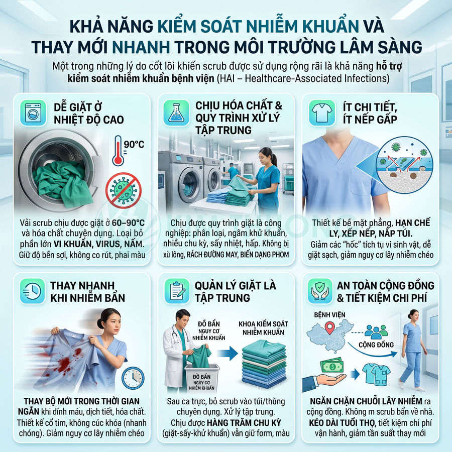 Đồng phục scrub y tế màu xanh chịu giặt nhiệt độ cao, kháng khuẩn, ít nhăn, dễ thay mới trong môi trường bệnh viện
