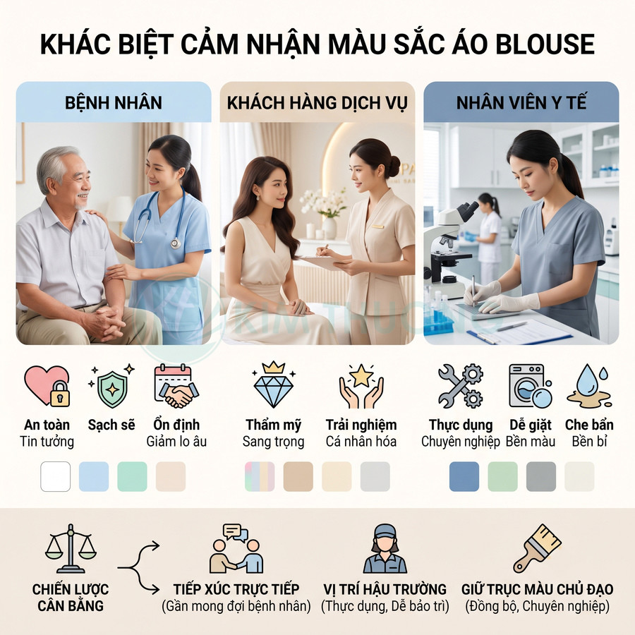 So sánh cảm nhận màu sắc áo blouse cho bệnh nhân, khách hàng dịch vụ và nhân viên y tế trong bệnh viện