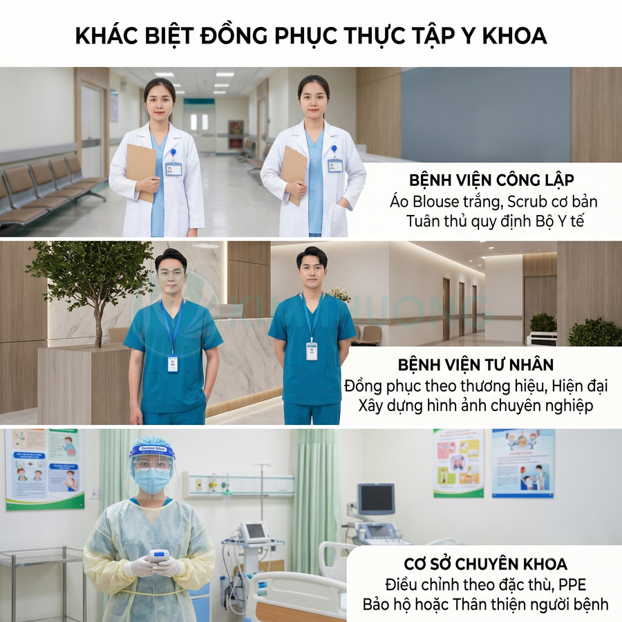 So sánh đồng phục thực tập y khoa tại bệnh viện công lập, bệnh viện tư nhân và cơ sở chuyên khoa