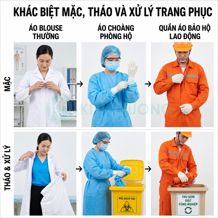 Hướng dẫn mặc tháo và xử lý áo blouse áo choàng phòng hộ và quần áo bảo hộ lao động