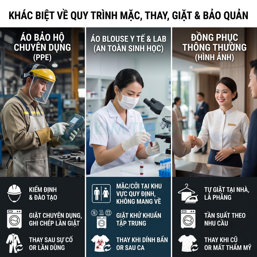 So sánh áo bảo hộ PPE, áo blouse y tế phòng lab và đồng phục lễ tân văn phòng cùng hướng dẫn giặt bảo quản