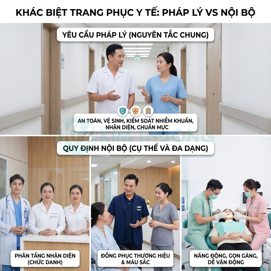 Nhân viên y tế mặc đồng phục đa dạng trong bệnh viện, minh họa khác biệt trang phục theo quy định pháp lý và nội bộ