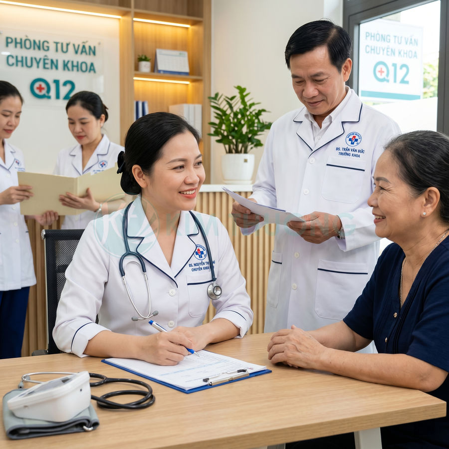 Bác sĩ tư vấn sức khỏe cho bệnh nhân lớn tuổi tại phòng khám chuyên khoa hiện đại