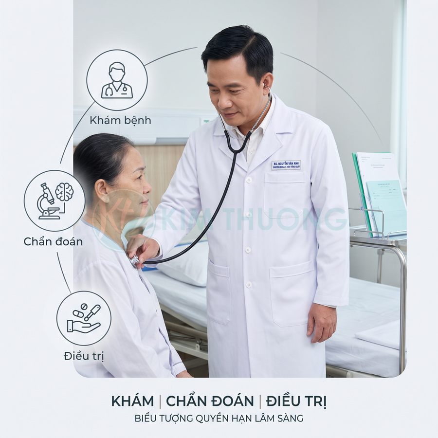 Bác sĩ nam dùng ống nghe khám tim cho bệnh nhân nữ lớn tuổi trong phòng khám hiện đại