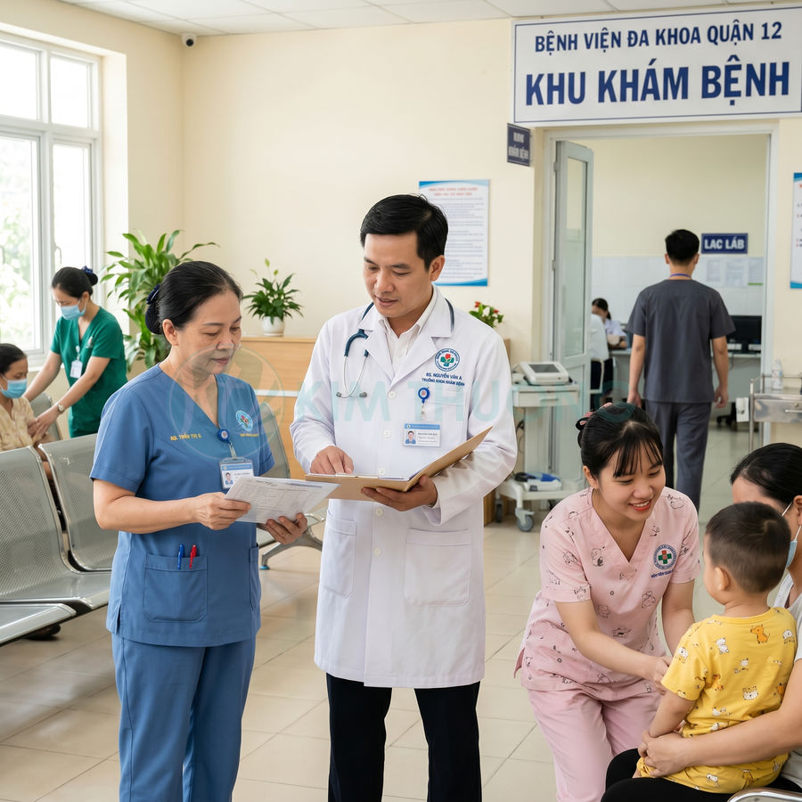 Bác sĩ và điều dưỡng bệnh viện đa khoa quận 12 tư vấn, chăm sóc bệnh nhi tại khu khám bệnh