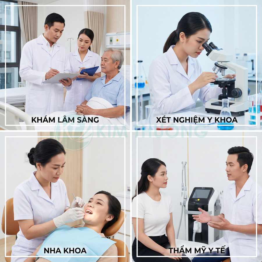 Dịch vụ y tế tổng hợp gồm khám lâm sàng, xét nghiệm, nha khoa và thẩm mỹ y tế trong phòng khám hiện đại