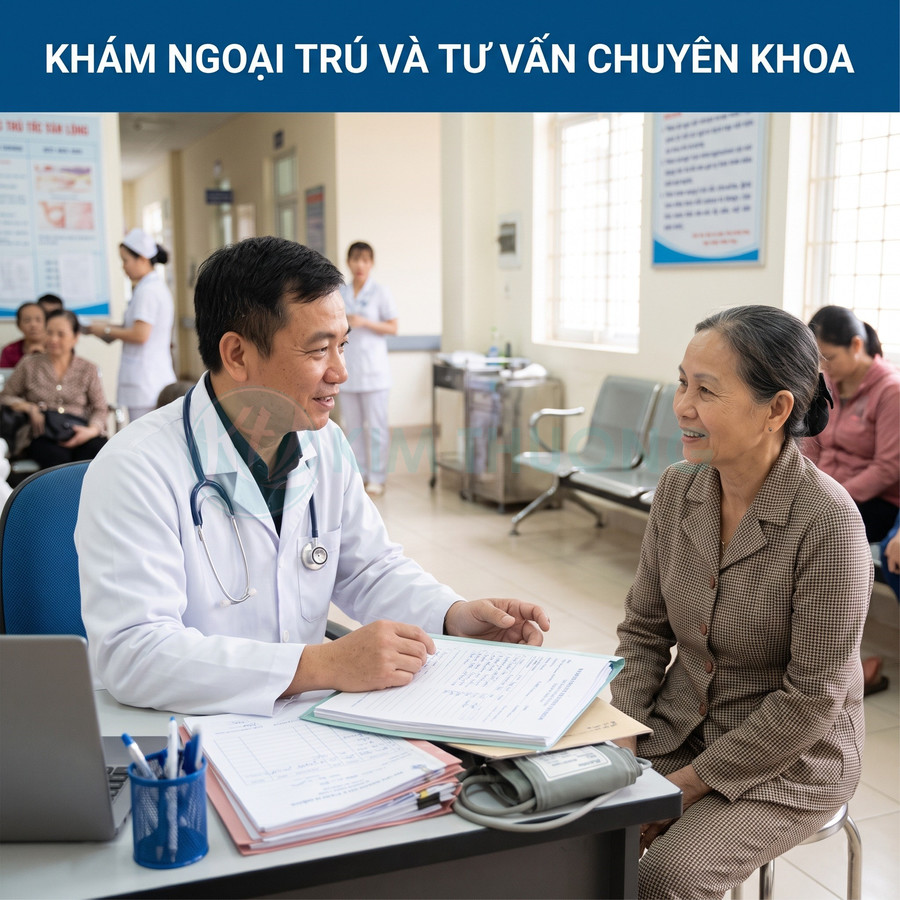 Bác sĩ đang tư vấn khám ngoại trú cho bệnh nhân lớn tuổi tại phòng khám chuyên khoa