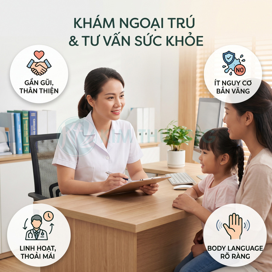 Bác sĩ nữ khám ngoại trú và tư vấn sức khỏe cho mẹ và bé trong phòng khám hiện đại