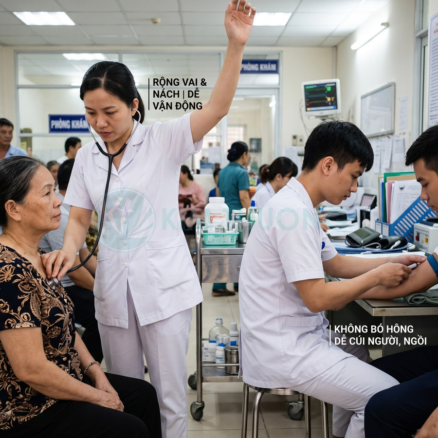 Bác sĩ mặc đồng phục y tế trắng khám bệnh cho bệnh nhân tại phòng khám đông người