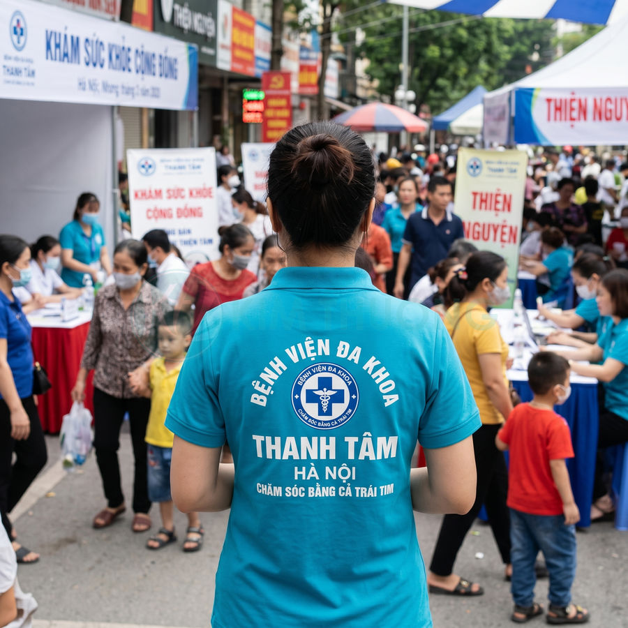 Nhân viên Bệnh viện Đa khoa Thanh Tâm Hà Nội hỗ trợ khám sức khỏe cộng đồng ngoài trời