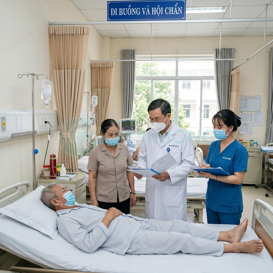 Bác sĩ và điều dưỡng thăm khám cho bệnh nhân cao tuổi nằm trên giường bệnh trong phòng nội trú