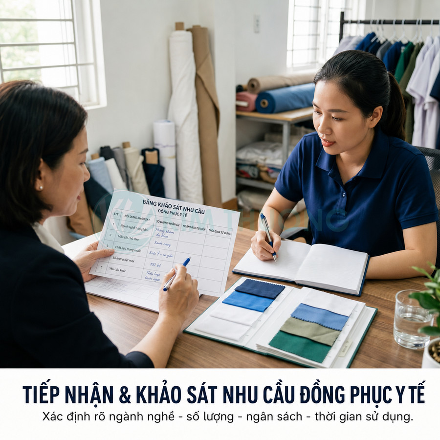 Tư vấn khảo sát nhu cầu may đồng phục y tế với bảng mẫu vải và nhân viên ghi chép tại văn phòng