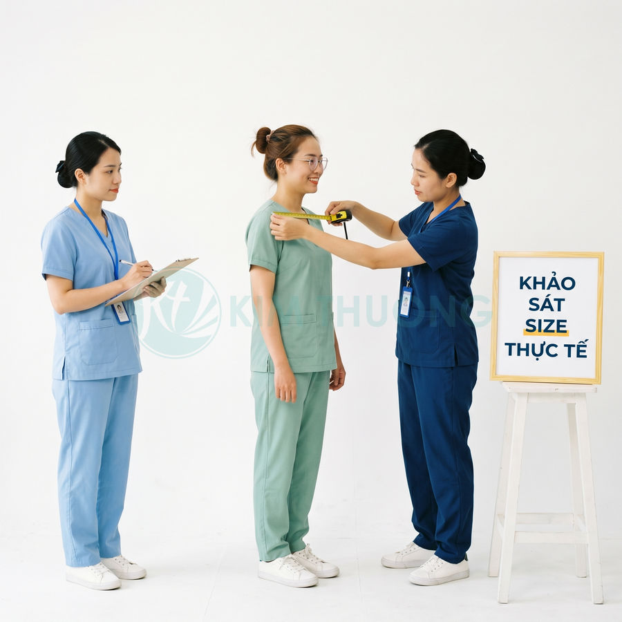 Nhân viên y tế mặc đồng phục scrub đo kích thước cơ thể để chọn size quần áo y khoa