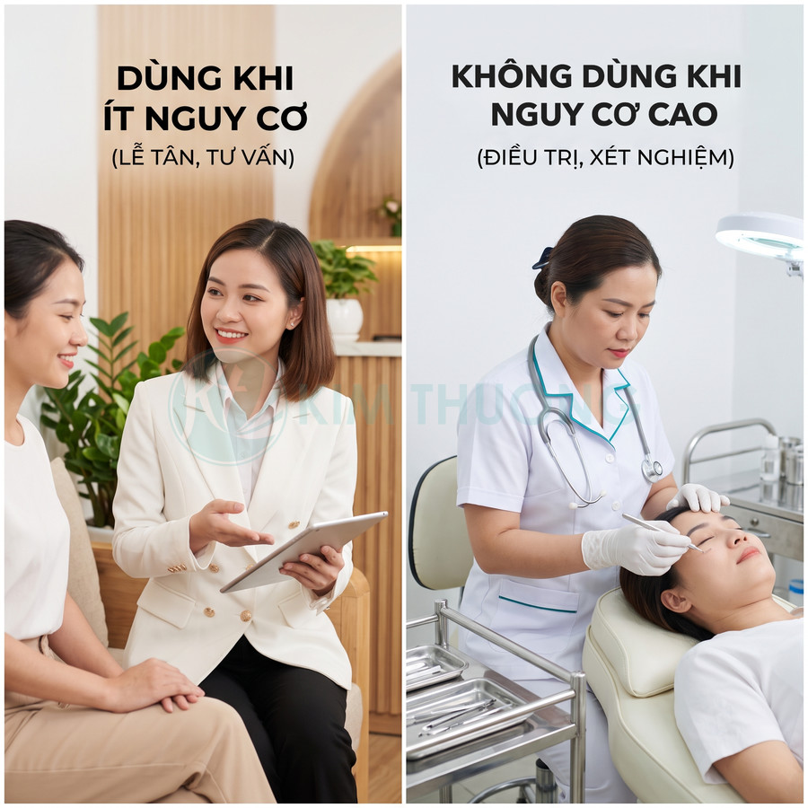Nhân viên y tế tư vấn bằng máy tính bảng và bác sĩ điều trị da mặt cho bệnh nhân trong phòng khám