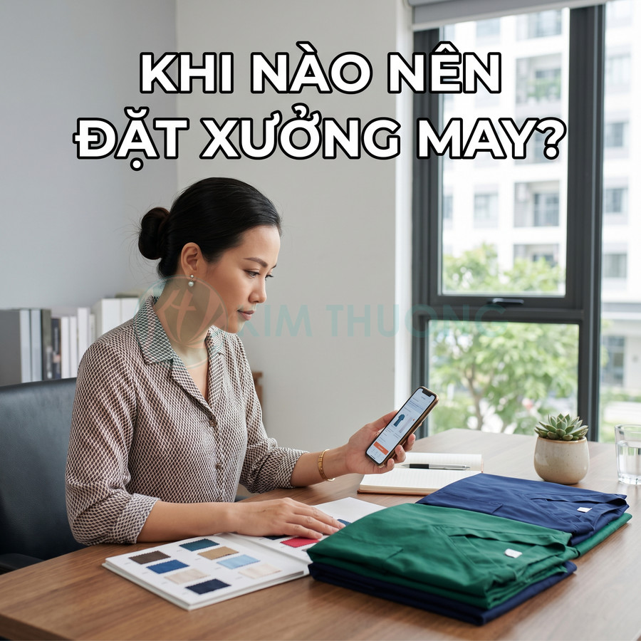 Người phụ nữ chọn vải và mẫu đồng phục trên điện thoại bên cạnh các xấp áo quần gấp gọn trên bàn