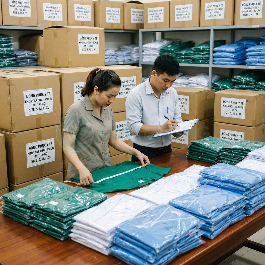 Nhân viên kiểm tra và đóng gói đồng phục y tế màu xanh trắng xếp chồng trên bàn trong kho hàng
