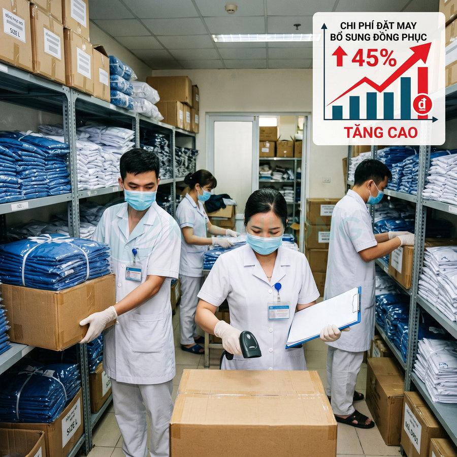 Nhân viên y tế kiểm kê và quét mã thùng đồng phục bệnh viện trong kho chứa đầy áo quần đóng gói