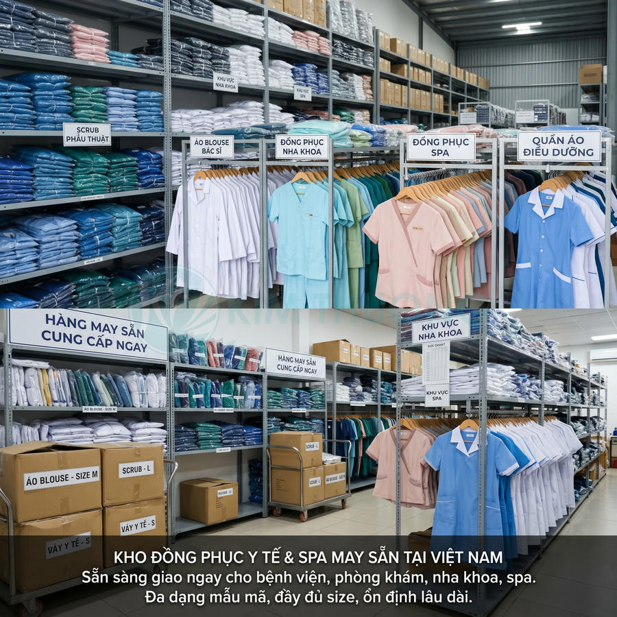 Kho đồng phục y tế và spa may sẵn với áo blouse, quần áo điều dưỡng, đồng phục nha khoa treo và xếp trên kệ