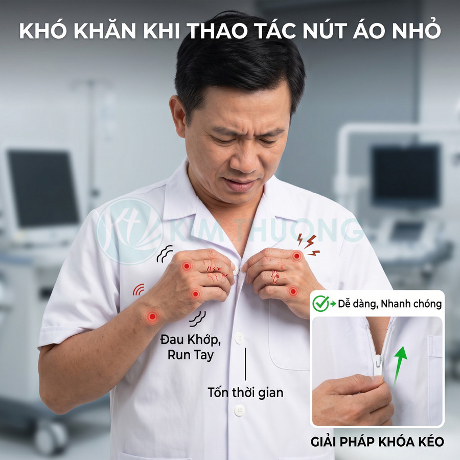 Áo blouse bác sĩ với giải pháp khóa kéo thay nút nhỏ giúp người đau khớp run tay mặc dễ dàng