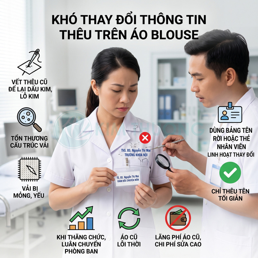 Bác sĩ mặc áo blouse trắng cài bảng tên nhựa rời, minh họa giải pháp thay đổi thông tin linh hoạt trên áo blouse