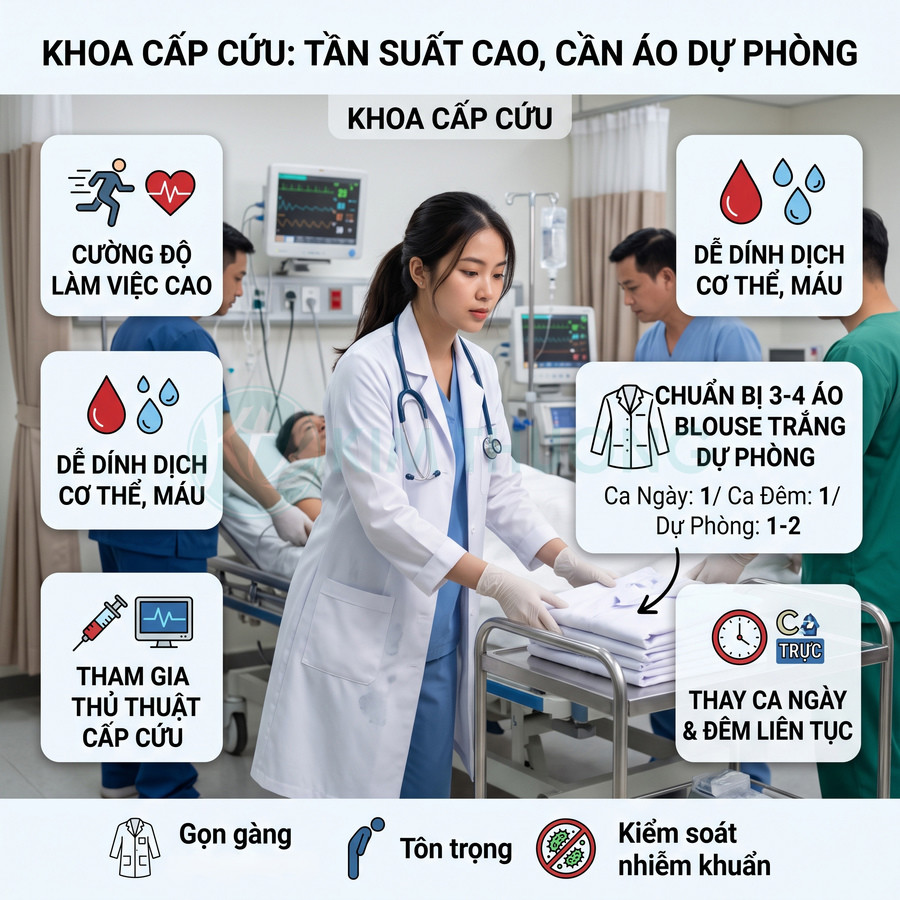 Bác sĩ mặc áo blouse trắng trong khoa cấp cứu đang chuẩn bị xếp áo blouse trắng dự phòng trên xe đẩy