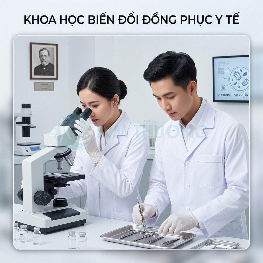 Hai nhà khoa học mặc đồng phục y tế trắng làm việc trong phòng thí nghiệm với kính hiển vi và khay dụng cụ
