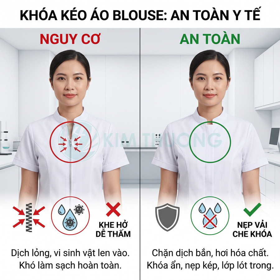 So sánh áo blouse y tế khóa kéo thường và áo blouse có nẹp vải che khóa chống thấm an toàn