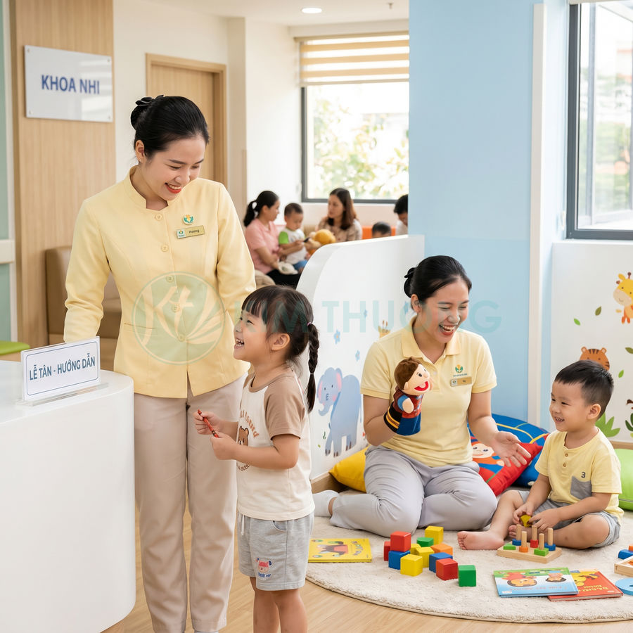 Nhân viên khoa nhi hướng dẫn bé gái tại quầy lễ tân, phía sau trẻ em chơi đồ chơi và đọc sách