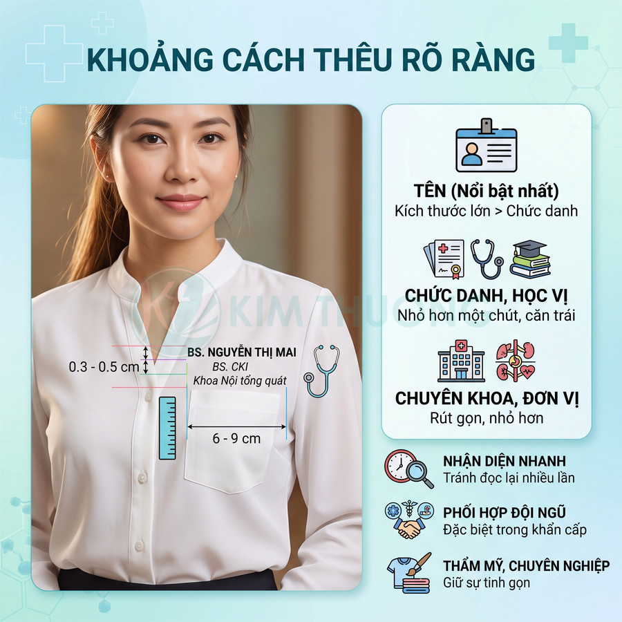 Áo blouse bác sĩ thêu tên BS Nguyễn Thị Mai, chức danh và khoa nội tổng quát với hướng dẫn khoảng cách thêu chuẩn