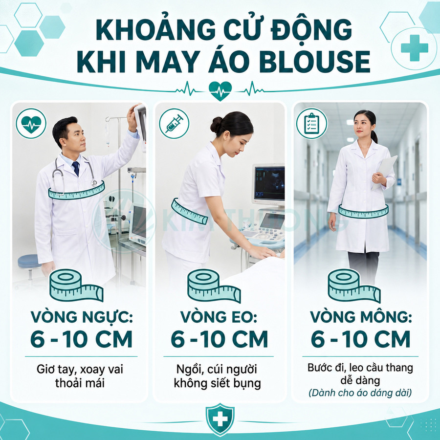 Bác sĩ mặc áo blouse trắng minh họa khoảng cử động vòng ngực, eo, mông khi may áo đồng phục y tế