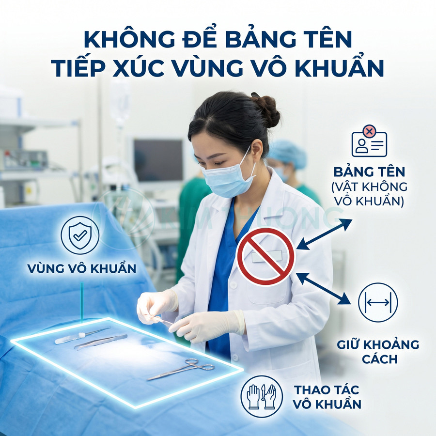 Nhân viên y tế đeo khẩu trang thao tác vô khuẩn bên cạnh vùng dụng cụ phẫu thuật được đánh dấu vô khuẩn