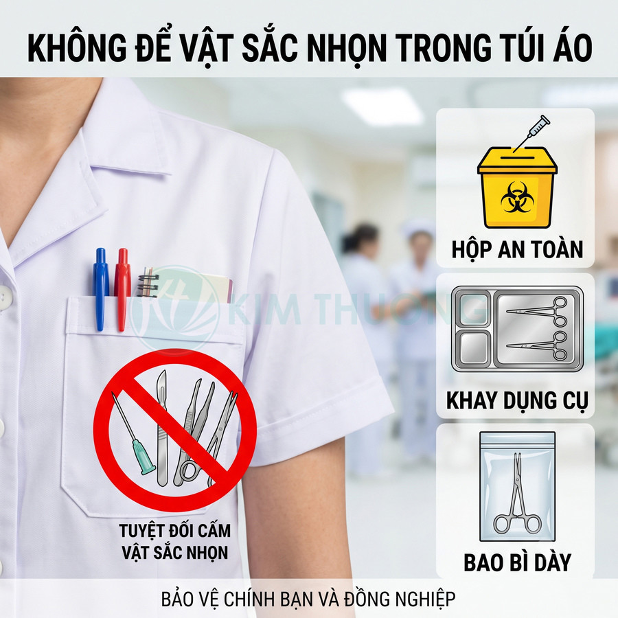 Cảnh báo không để vật sắc nhọn trong túi áo blouse y tế và hướng dẫn cất vào hộp an toàn, khay dụng cụ, bao bì dày