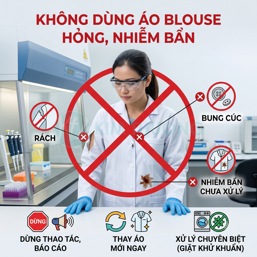 Cảnh báo không sử dụng áo blouse rách, bung cúc, dính bẩn trong phòng thí nghiệm và yêu cầu thay áo, xử lý khử khuẩn